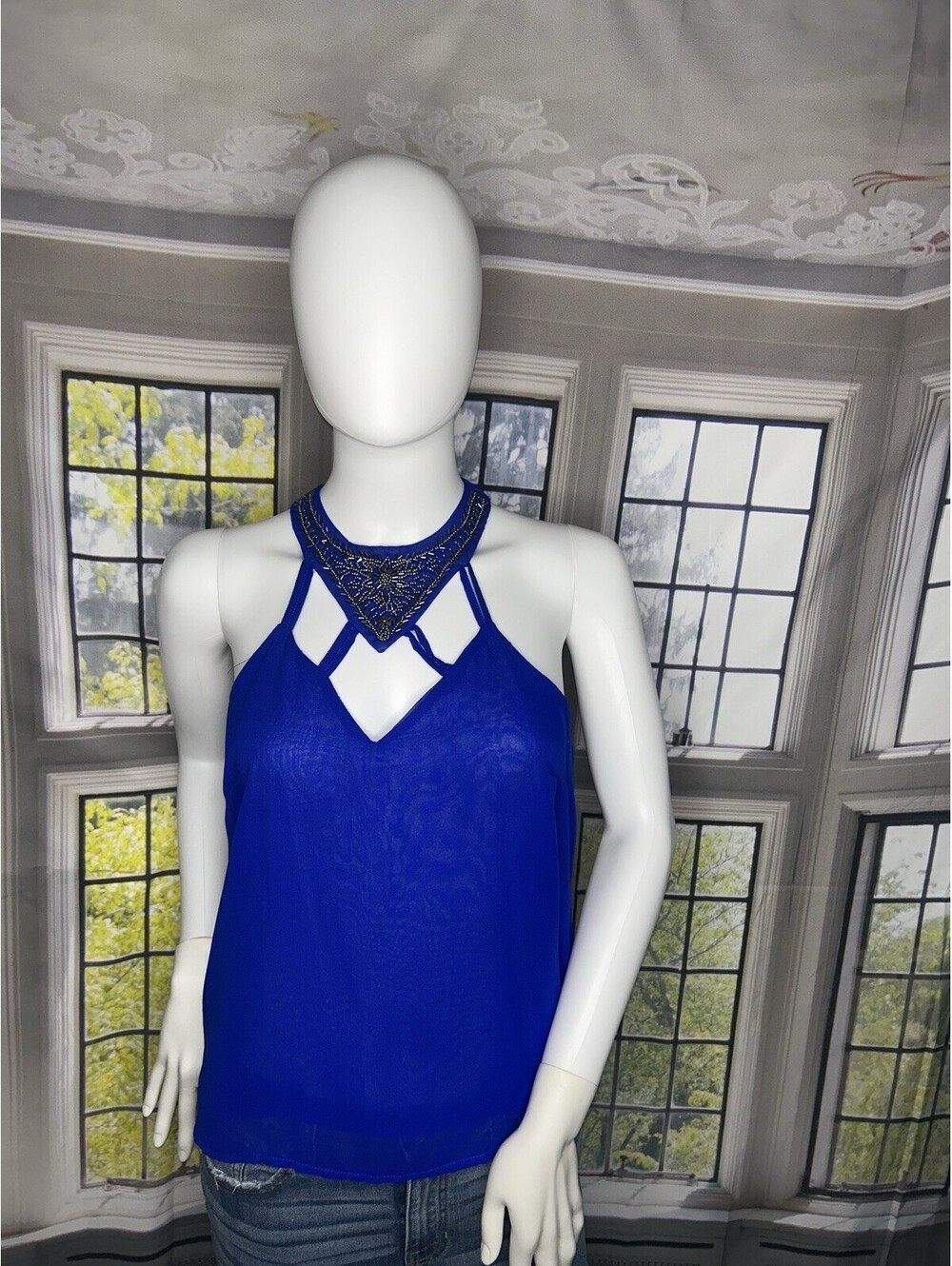 Royal Blue Beaded Halter Neck Sleeveless Blouse Top Keyhole Back Women’s Party